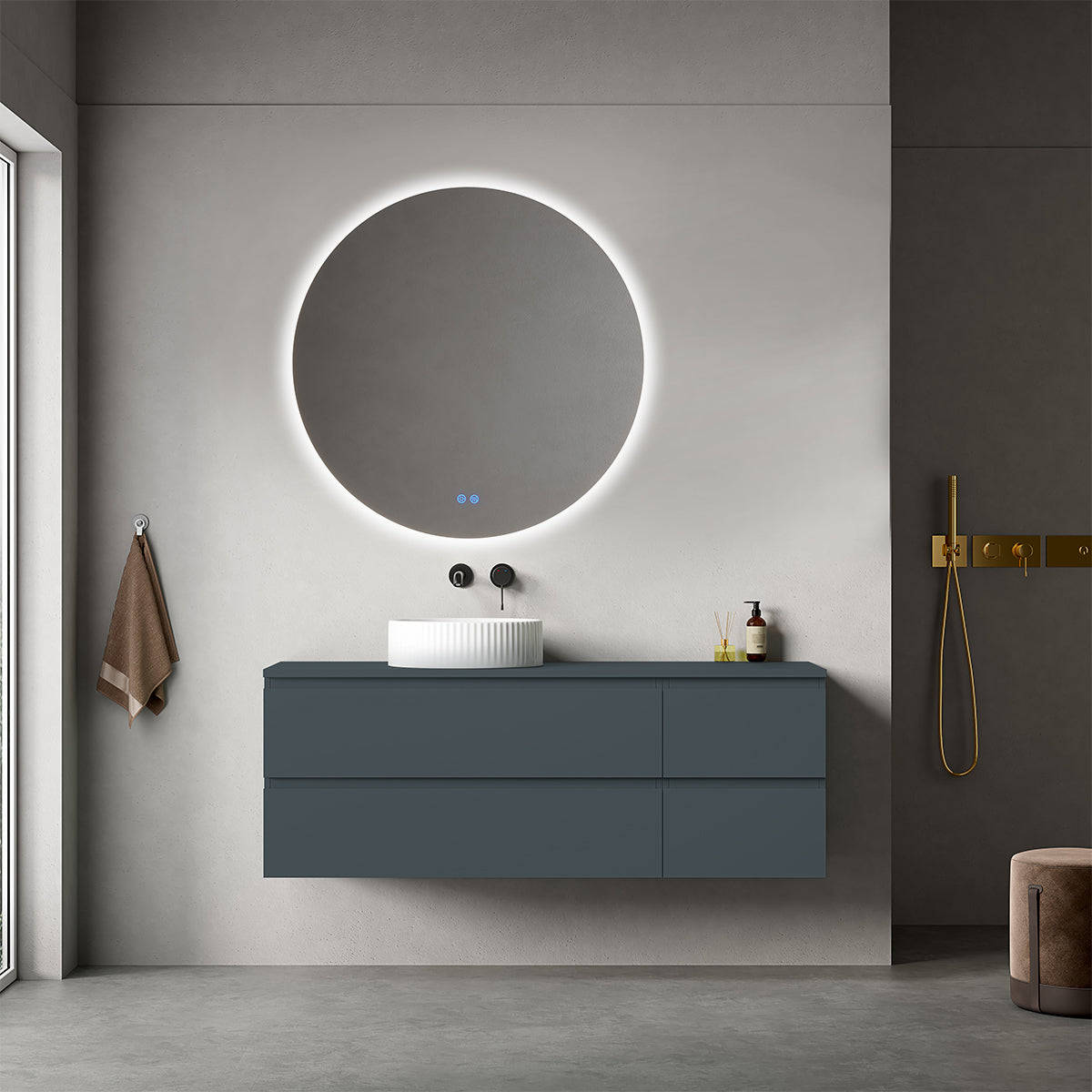 Mobile bagno sospeso reversibile 140 cm Blu Mare per Lavabo d'appoggio Specchio Tondo Retroilluminato - Fiji Paint