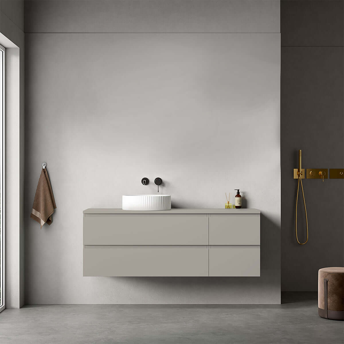 Mobile bagno sospeso reversibile 140 cm Grigio Cenere per Lavabo d'appoggio Senza Specchio - Fiji Paint
