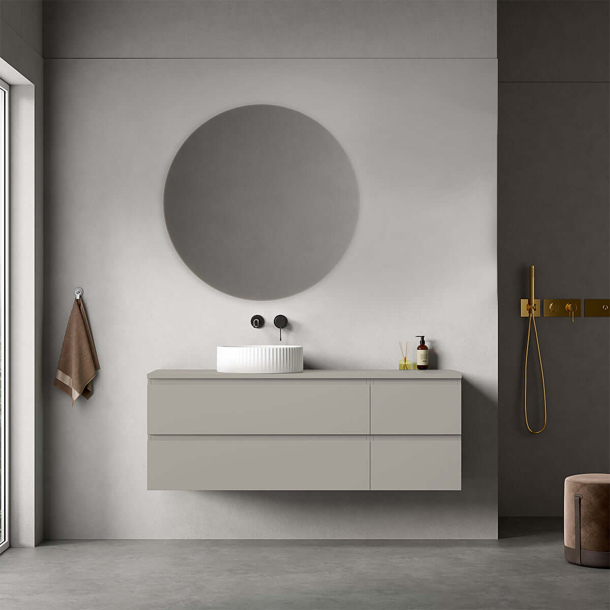 Mobile bagno sospeso reversibile 140 cm Grigio Cenere per Lavabo d'appoggio Specchio Tondo - Fiji Paint