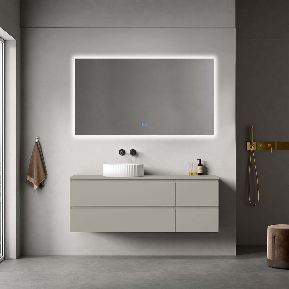 Mobile bagno sospeso reversibile 140 cm Grigio Cenere per Lavabo d'appoggio Specchio Quadro Retroilluminato - Fiji Paint