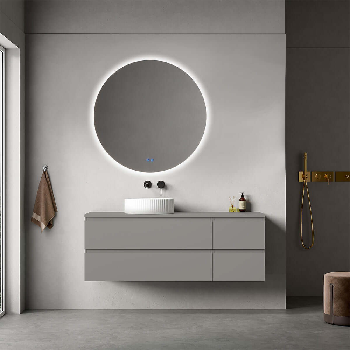 Mobile bagno sospeso reversibile 140 cm Grigio Londra per Lavabo d'appoggio Specchio Tondo Retroilluminato - Fiji Paint