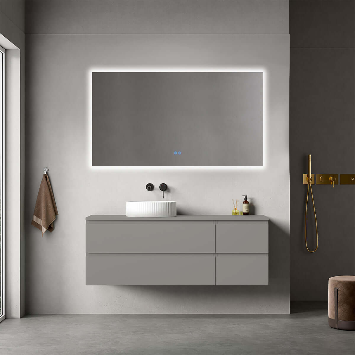 Mobile bagno sospeso reversibile 140 cm Grigio Londra per Lavabo d'appoggio Specchio Quadro Retroilluminato - Fiji Paint