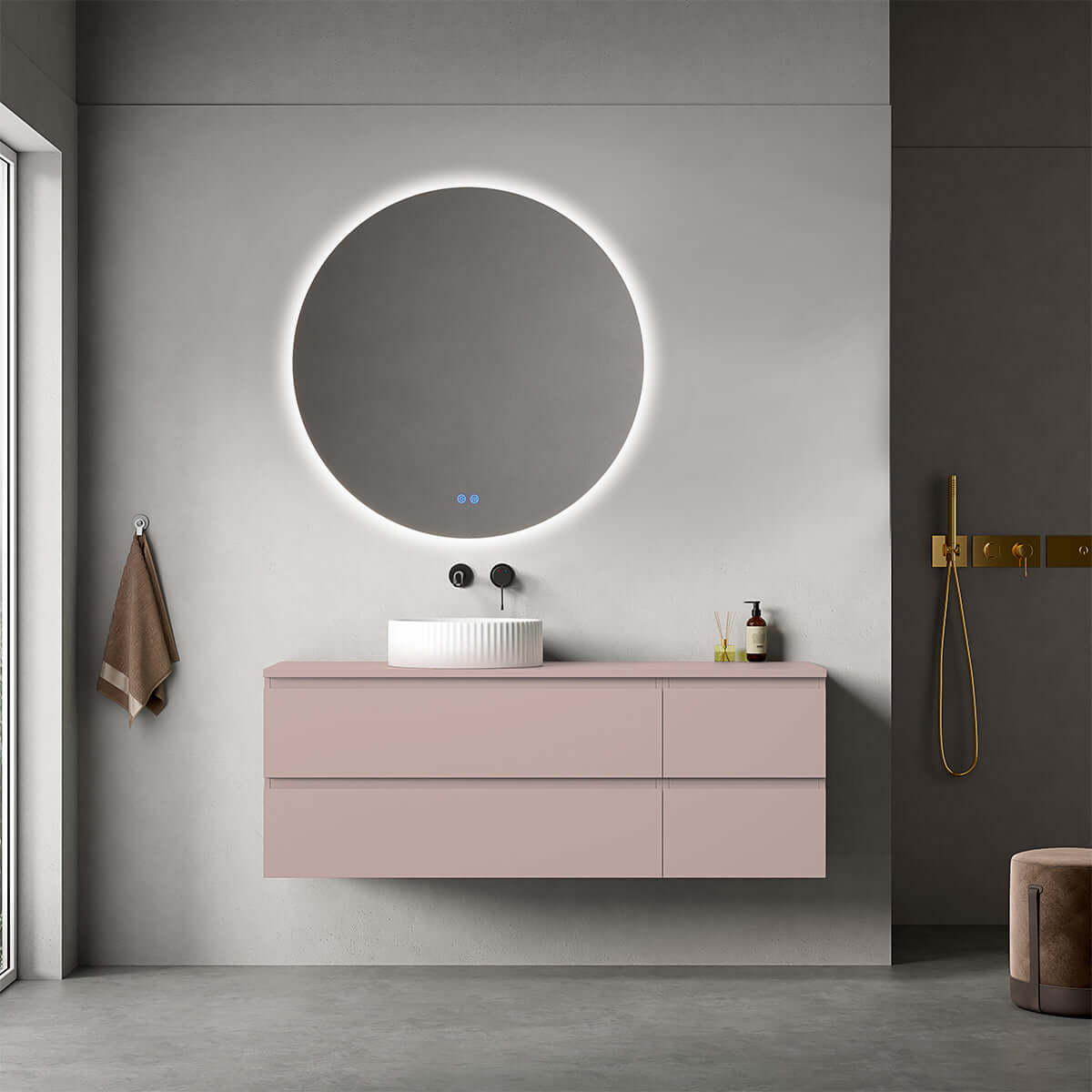 Mobile bagno sospeso reversibile 140 cm Rosa Retrò per Lavabo d'appoggio Specchio Tondo Retroilluminato - Fiji Paint