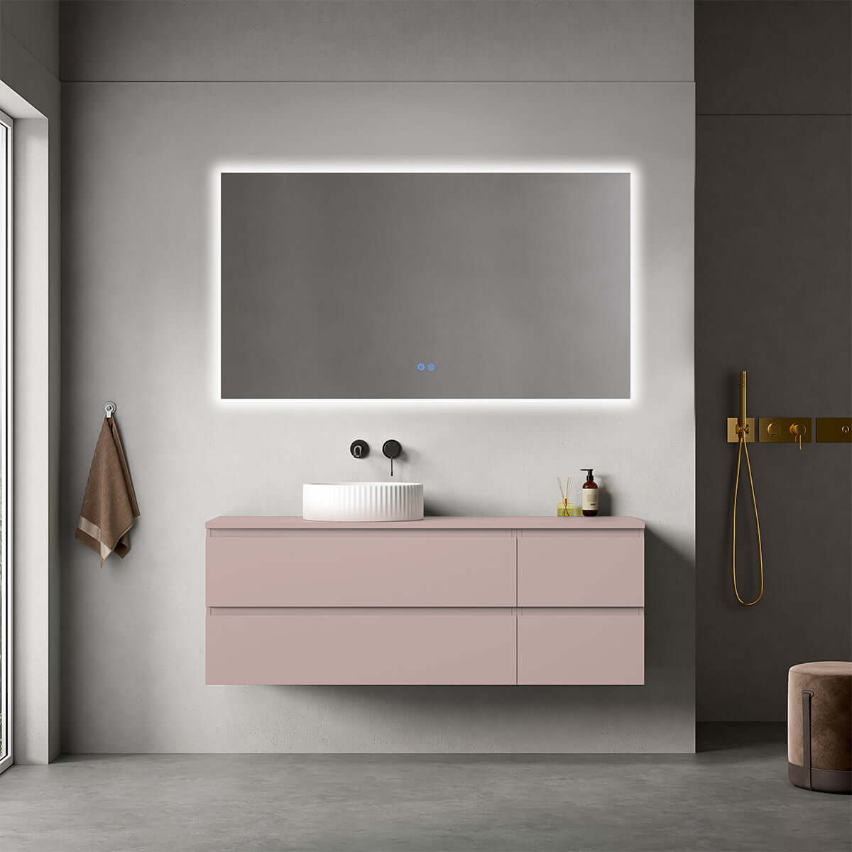 Mobile bagno sospeso reversibile 140 cm Rosa Retrò per Lavabo d'appoggio Specchio Quadro Retroilluminato - Fiji Paint