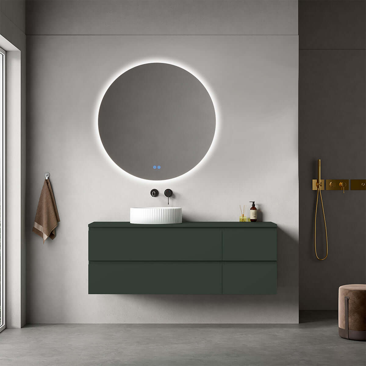 Mobile bagno sospeso reversibile 140 cm Verde Comodoro per Lavabo d'appoggio Specchio Tondo Retroilluminato - Fiji Paint