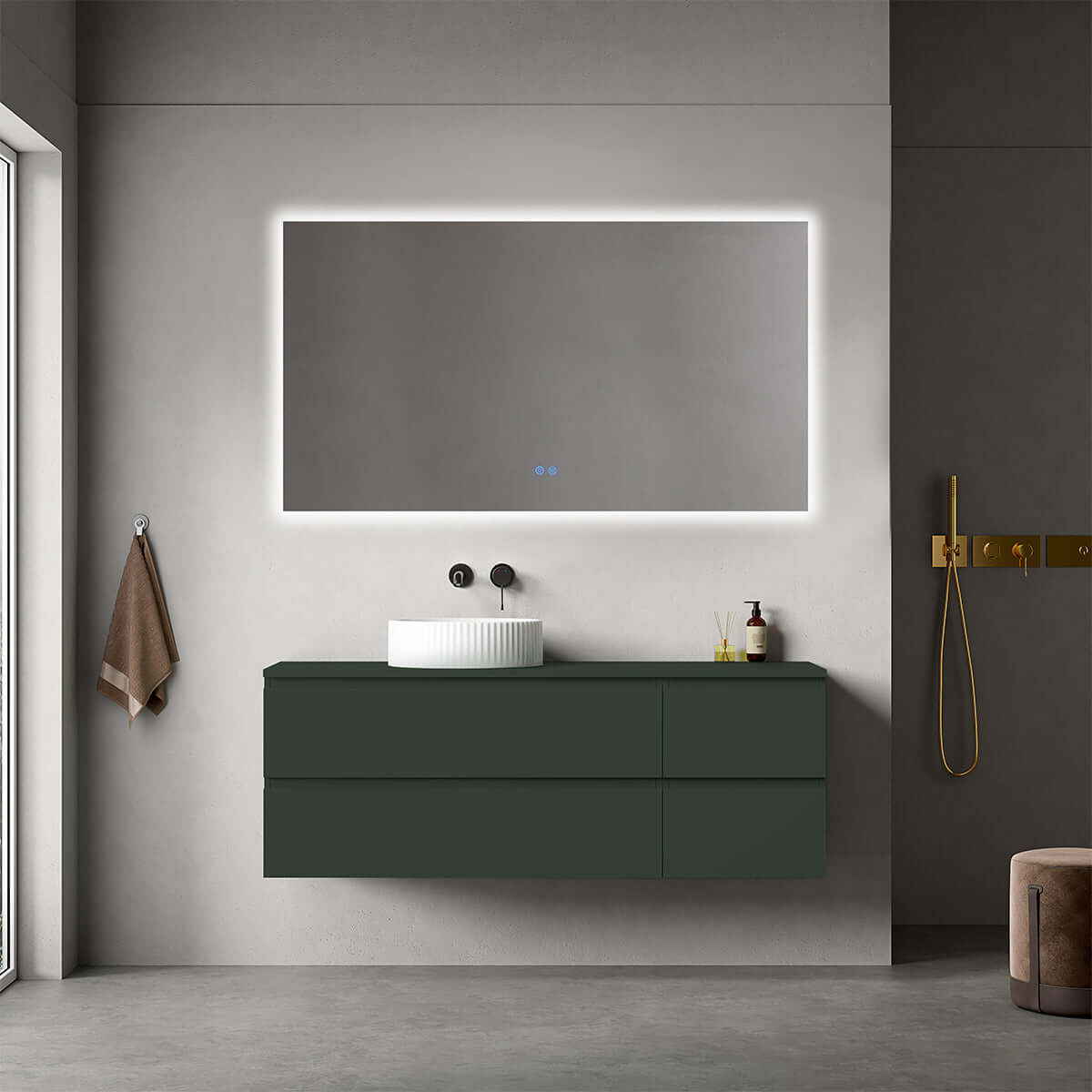 Mobile bagno sospeso reversibile 140 cm Verde Comodoro per Lavabo d'appoggio Specchio Quadro Retroilluminato - Fiji Paint