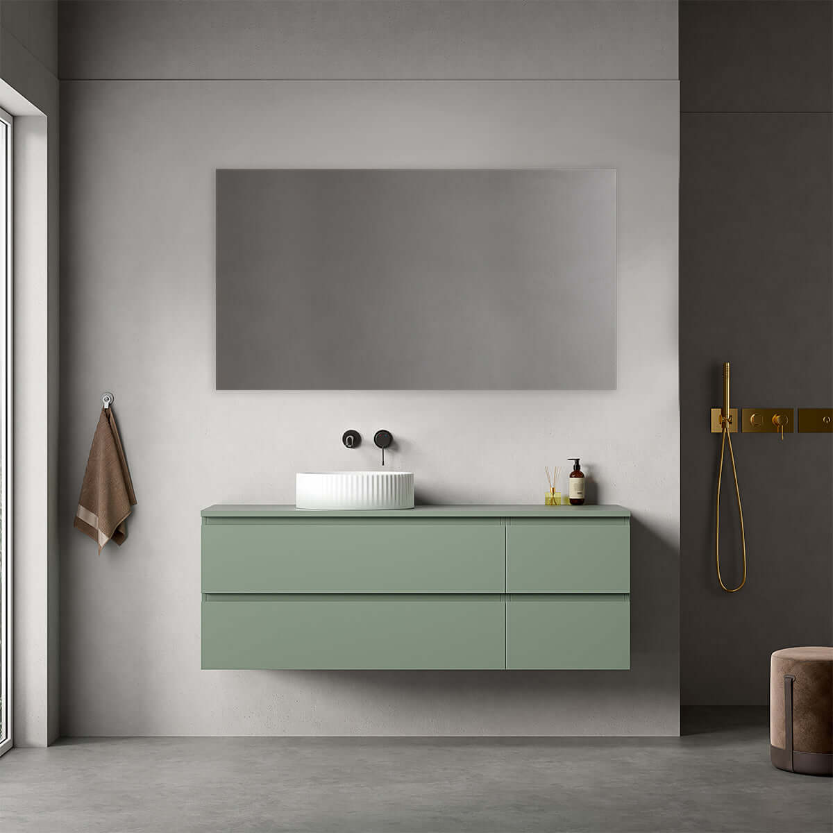 Mobile bagno sospeso reversibile 140 cm Verde Salvia per Lavabo d'appoggio Specchio Quadro - Fiji Paint