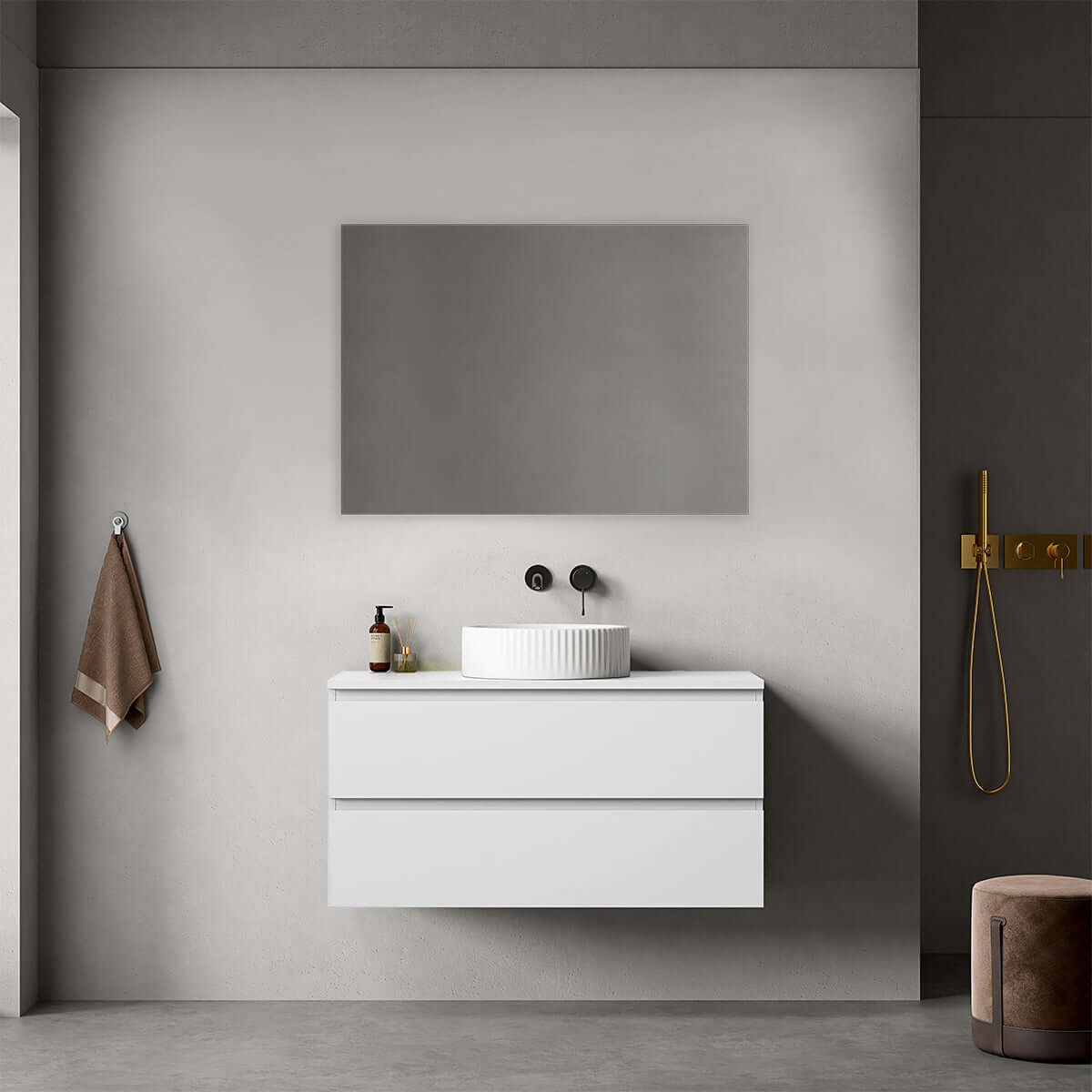 Mobile bagno sospeso 100 cm Bianco Opaco per Lavabo d'appoggio Specchio Quadro - Fiji Paint