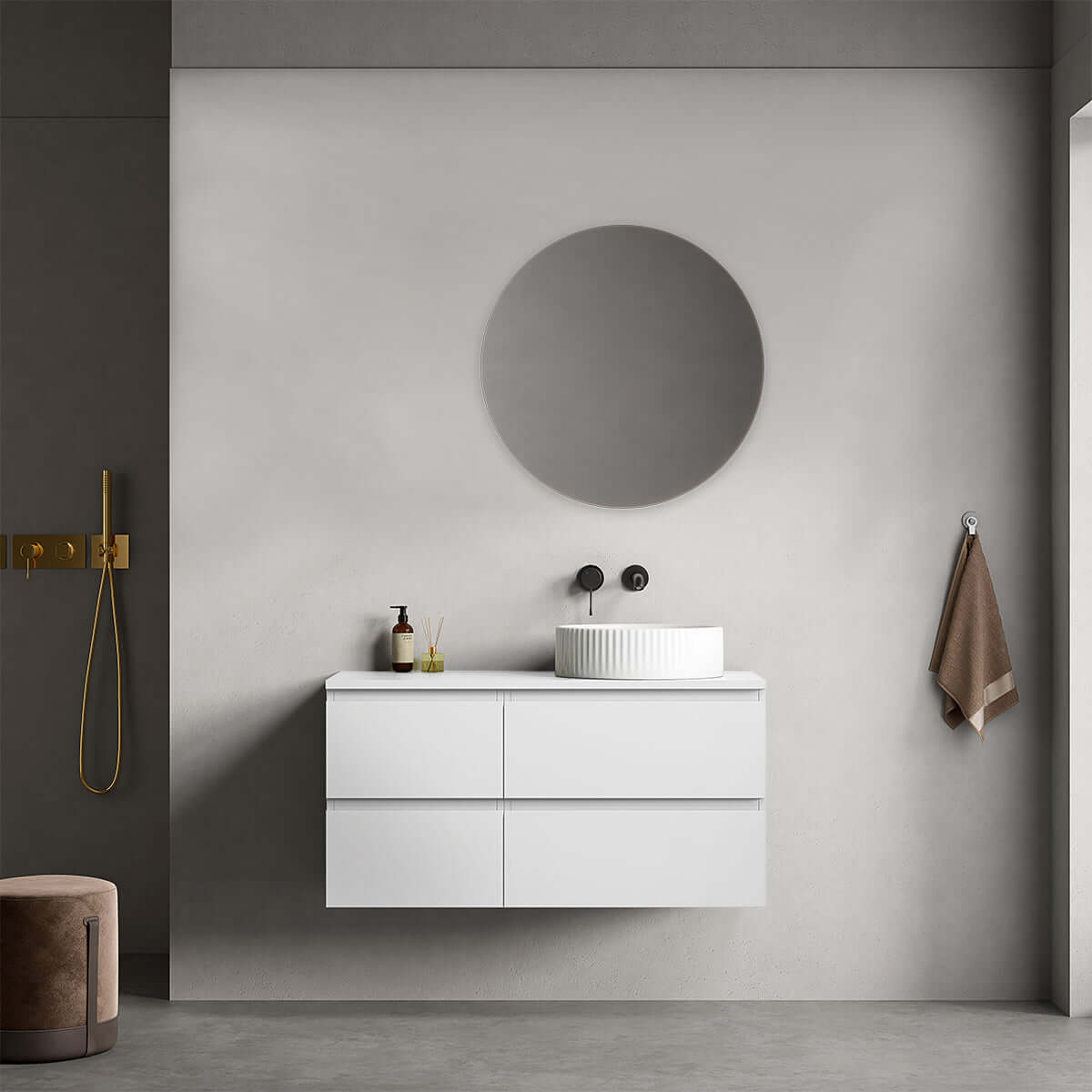 Mobile bagno sospeso reversibile 100 cm Bianco Opaco per Lavabo d'appoggio Specchio Tondo - Fiji Paint