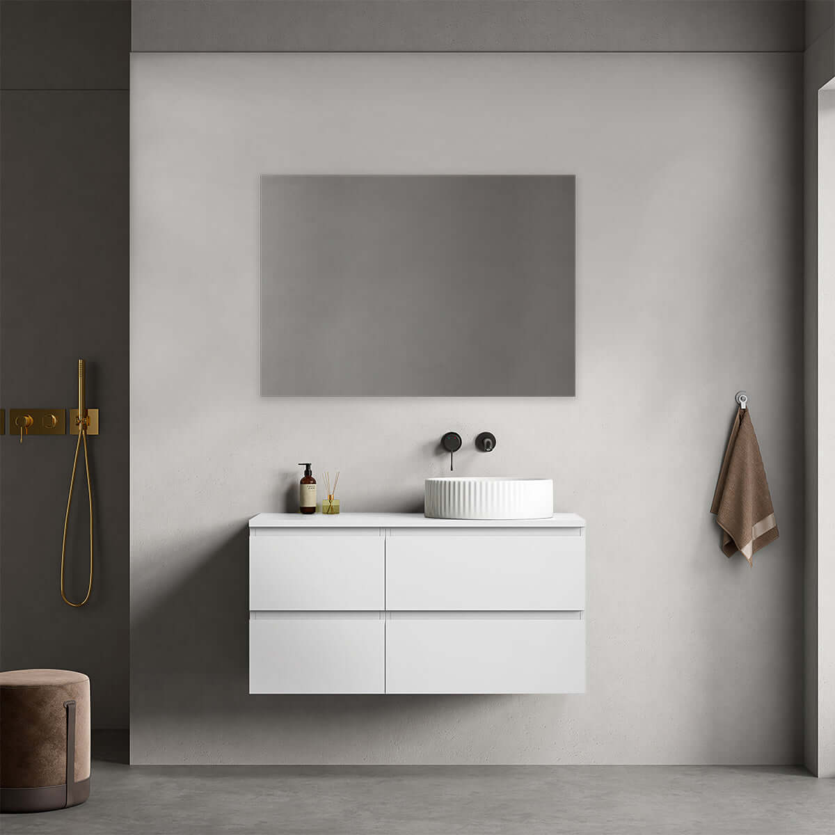 Mobile bagno sospeso reversibile 100 cm Bianco Opaco per Lavabo d'appoggio Specchio Quadro - Fiji Paint
