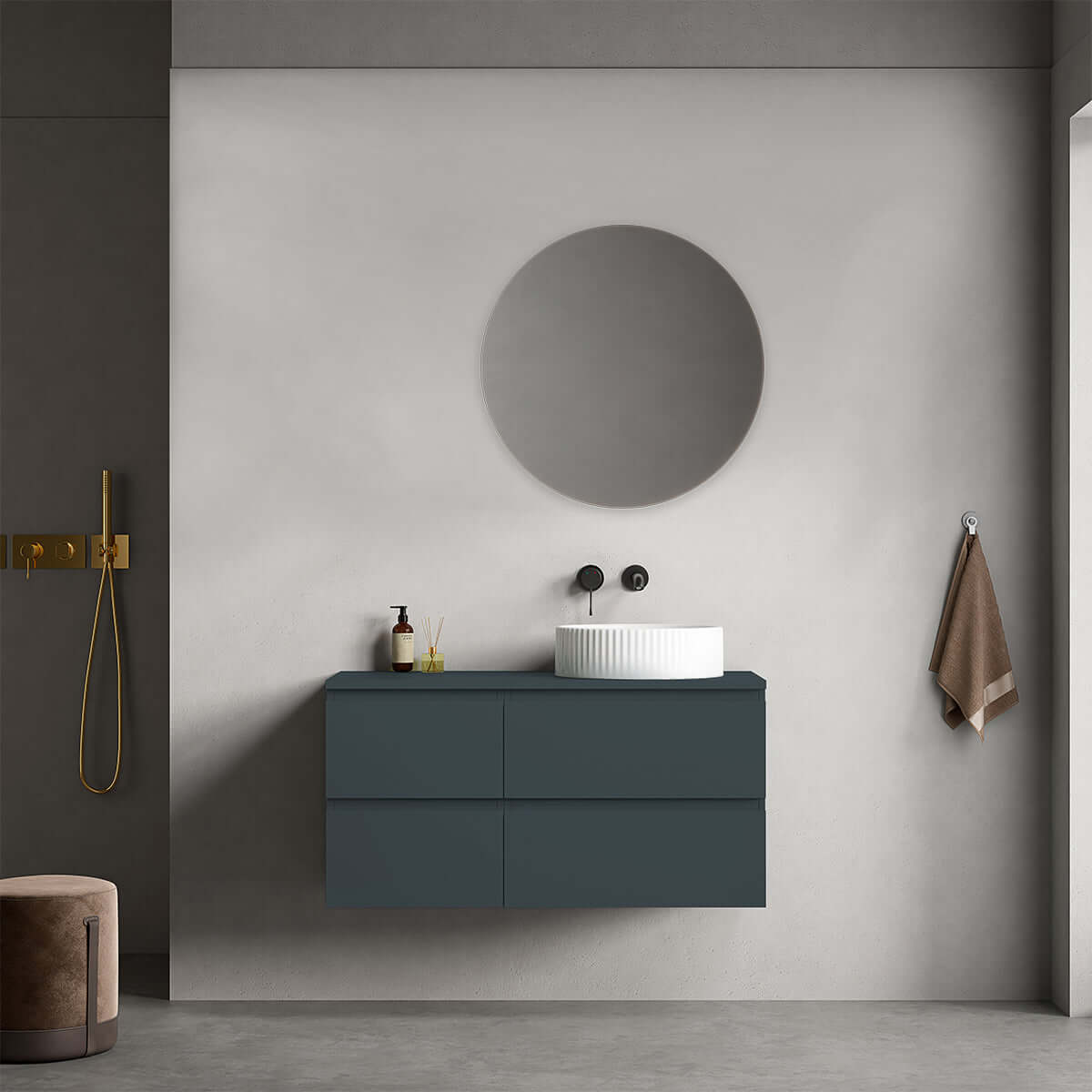 Mobile bagno sospeso reversibile 100 cm Blu Mare per Lavabo d'appoggio Specchio Tondo - Fiji Paint