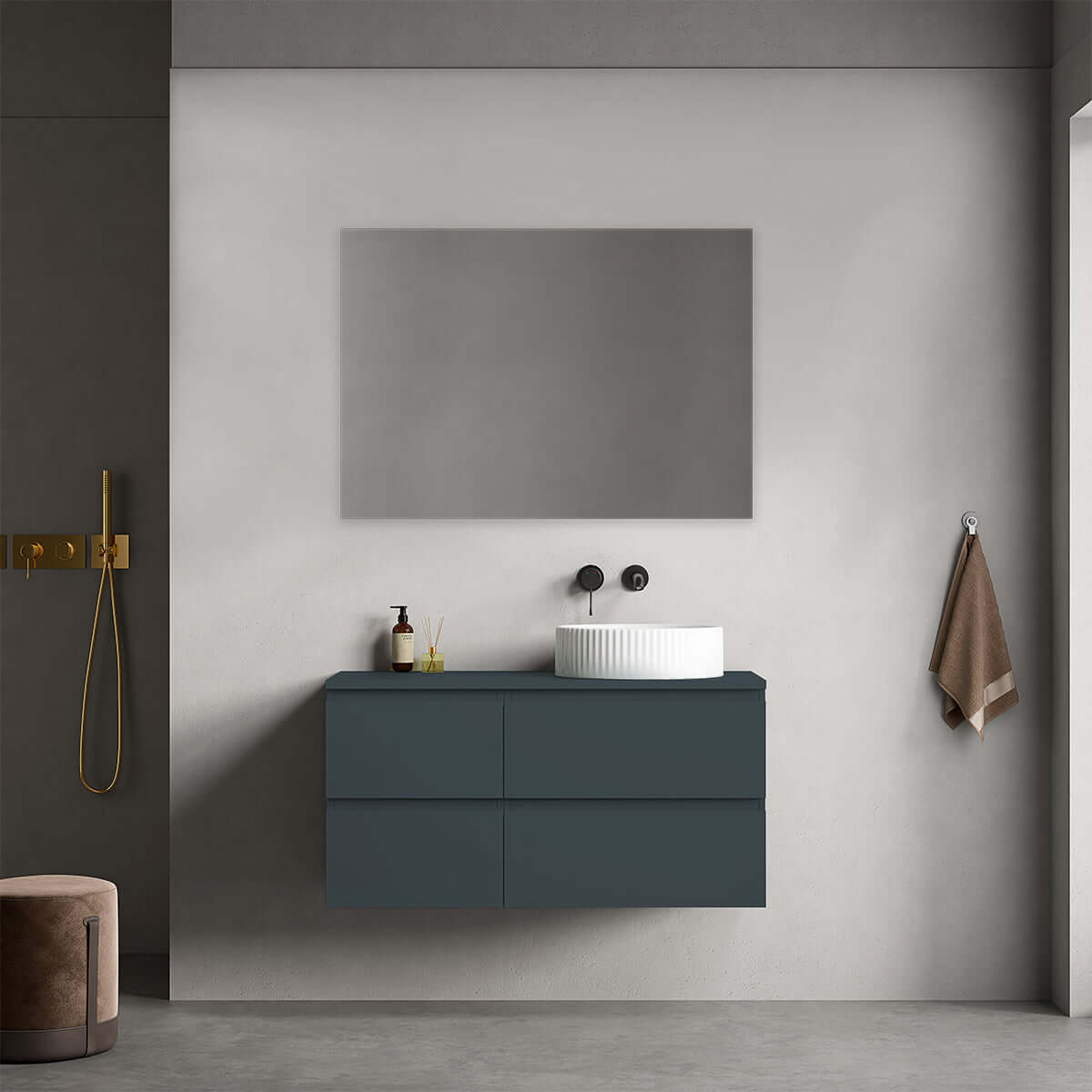 Mobile bagno sospeso reversibile 100 cm Blu Mare per Lavabo d'appoggio Specchio Quadro - Fiji Paint