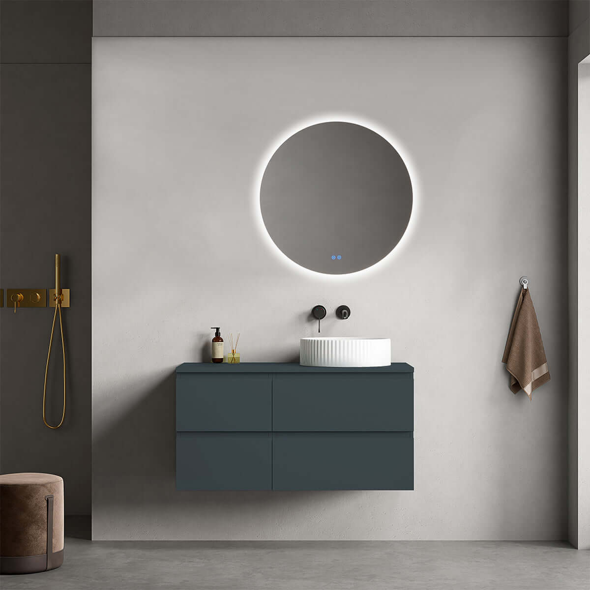 Mobile bagno sospeso reversibile 100 cm Blu Mare per Lavabo d'appoggio Specchio Tondo Retroilluminato - Fiji Paint