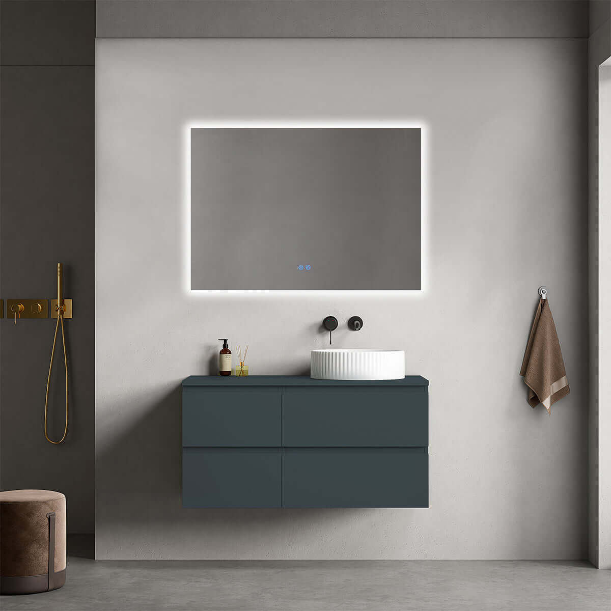 Mobile bagno sospeso reversibile 100 cm Blu Mare per Lavabo d'appoggio Specchio Quadro Retroilluminato - Fiji Paint