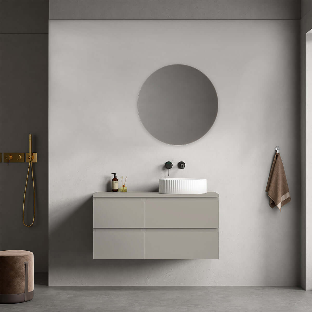 Mobile bagno sospeso reversibile 100 cm Grigio Cenere per Lavabo d'appoggio Specchio Tondo - Fiji Paint