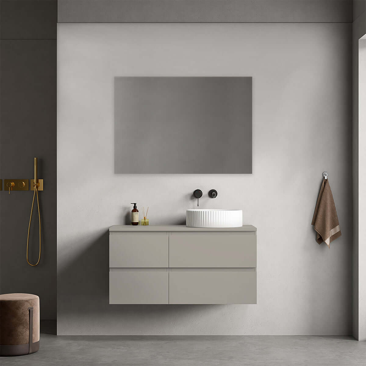 Mobile bagno sospeso reversibile 100 cm Grigio Cenere per Lavabo d'appoggio Specchio Quadro - Fiji Paint