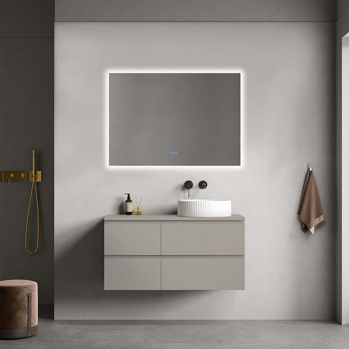 Mobile bagno sospeso reversibile 100 cm Grigio Cenere per Lavabo d'appoggio Specchio Quadro Retroilluminato - Fiji Paint