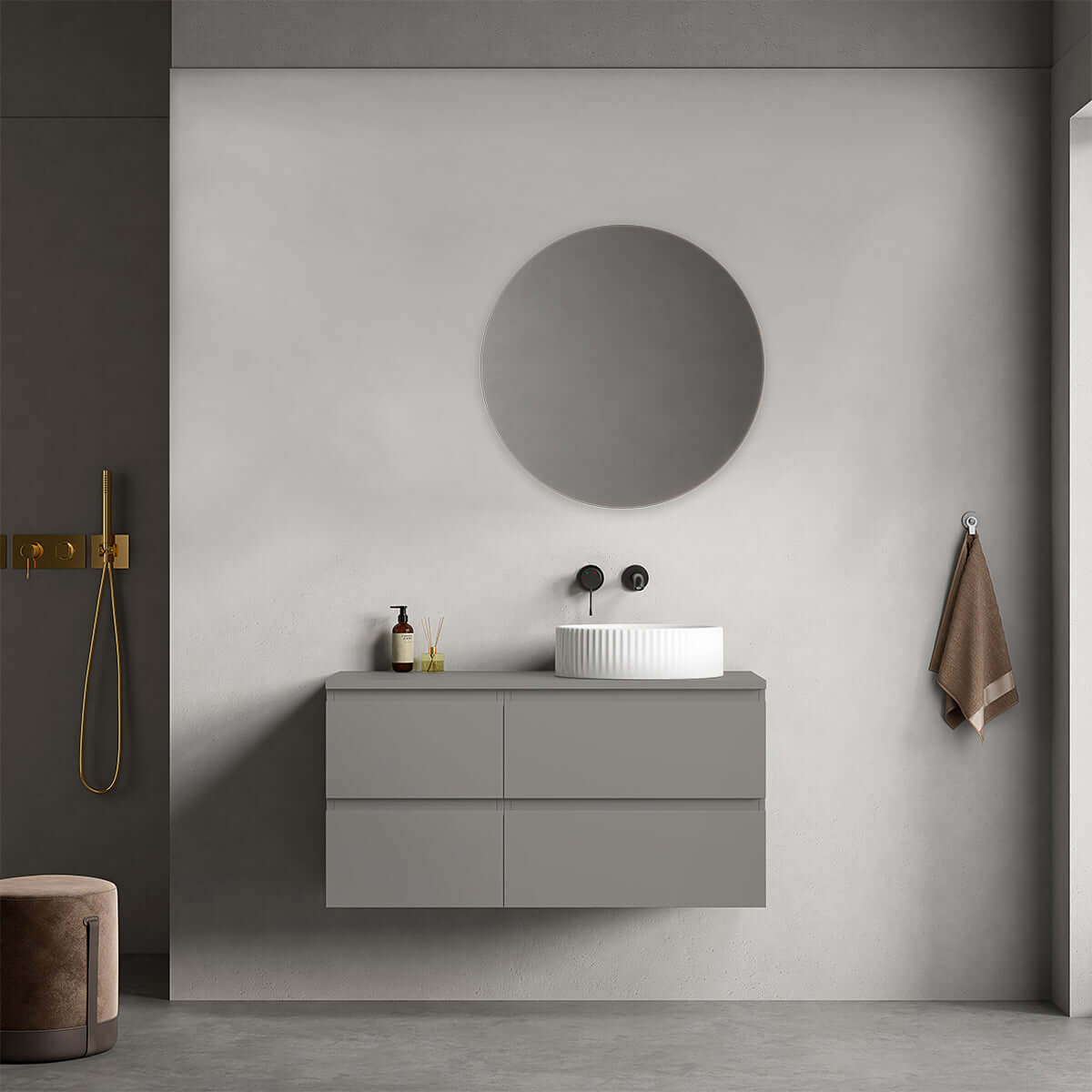 Mobile bagno sospeso reversibile 100 cm Grigio Londra per Lavabo d'appoggio Specchio Tondo - Fiji Paint