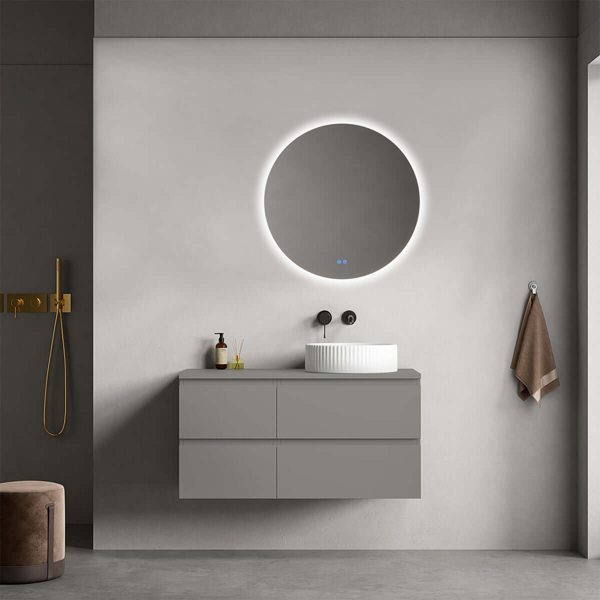 Mobile bagno sospeso reversibile 100 cm Grigio Londra per Lavabo d'appoggio Specchio Tondo Retroilluminato - Fiji Paint