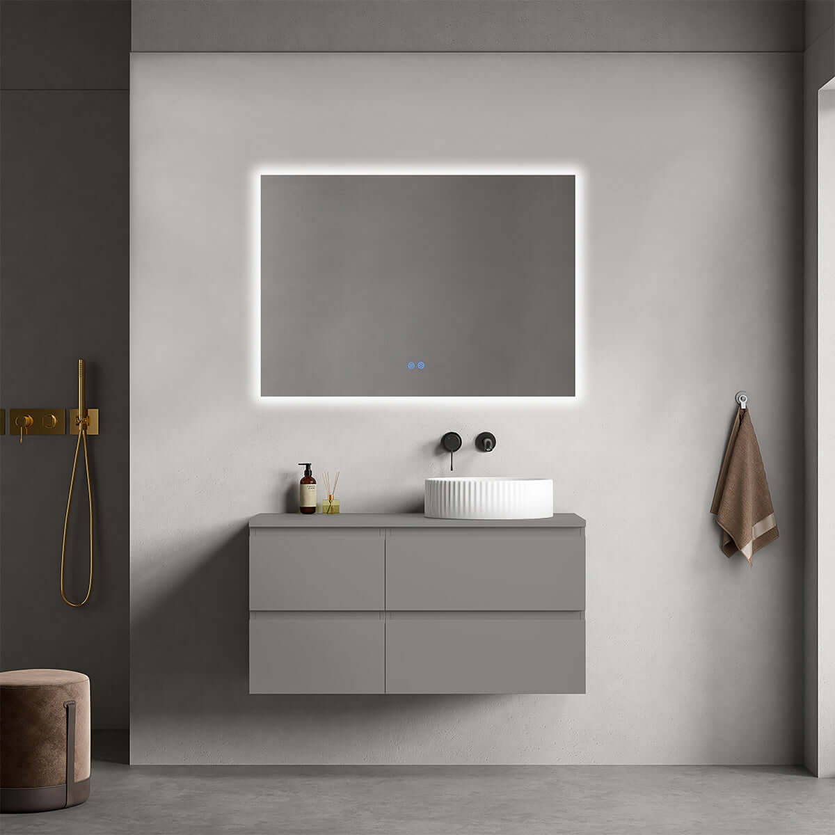 Mobile bagno sospeso reversibile 100 cm Grigio Londra per Lavabo d'appoggio Specchio Quadro Retroilluminato - Fiji Paint