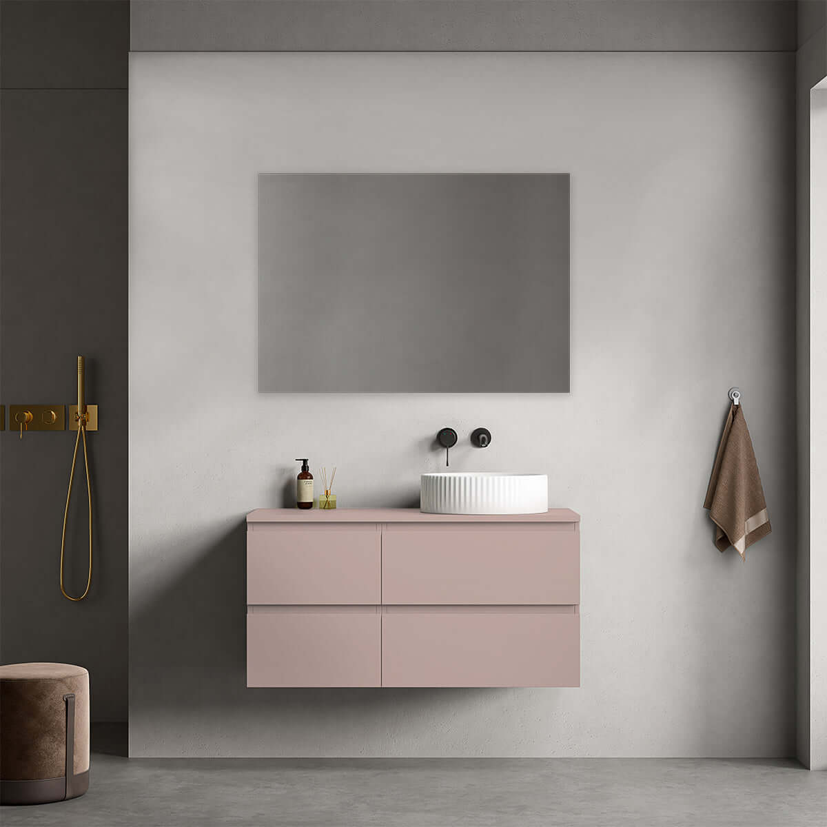 Mobile bagno sospeso reversibile 100 cm Rosa Retrò per Lavabo d'appoggio Specchio Quadro - Fiji Paint