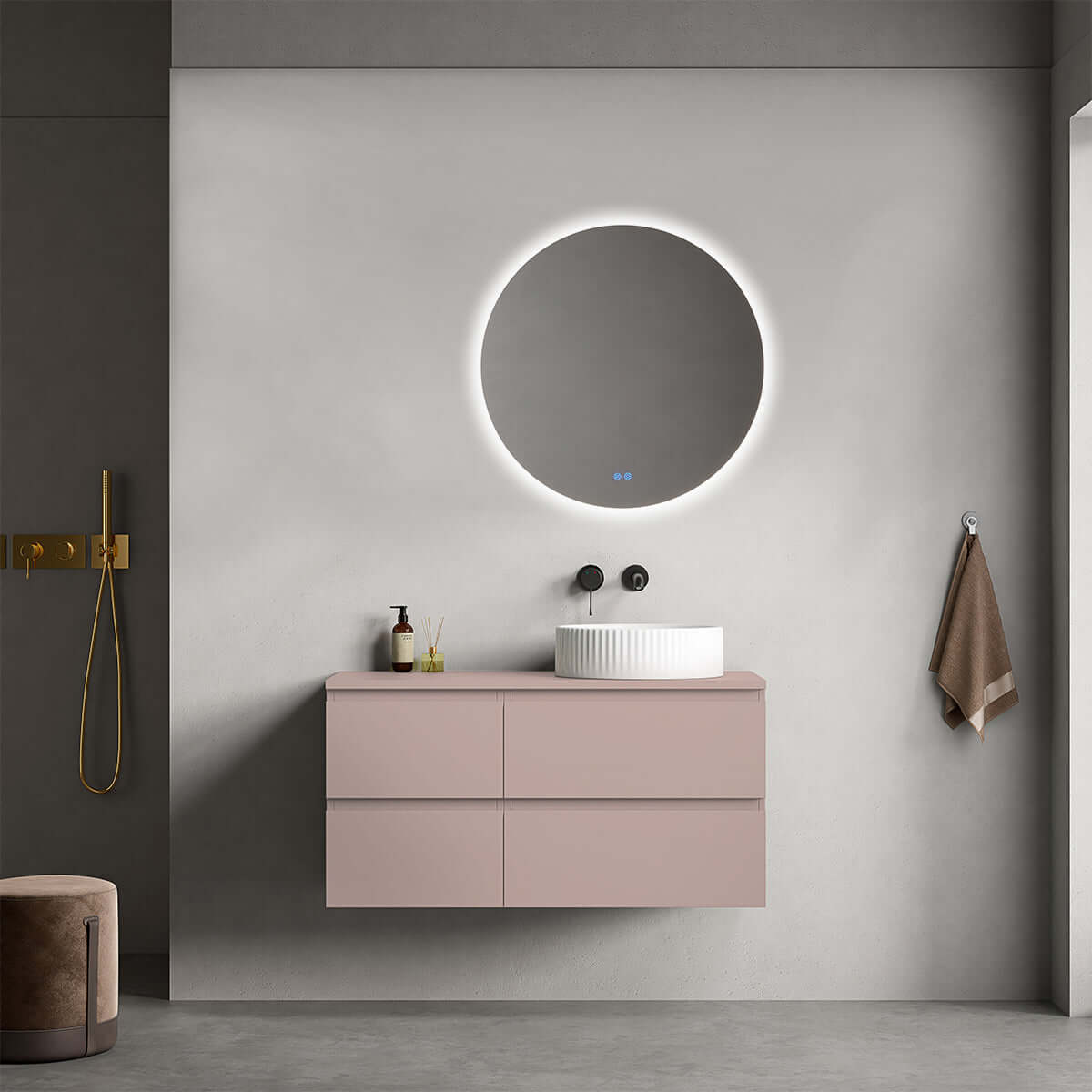 Mobile bagno sospeso reversibile 100 cm Rosa Retrò per Lavabo d'appoggio Specchio Tondo Retroilluminato - Fiji Paint