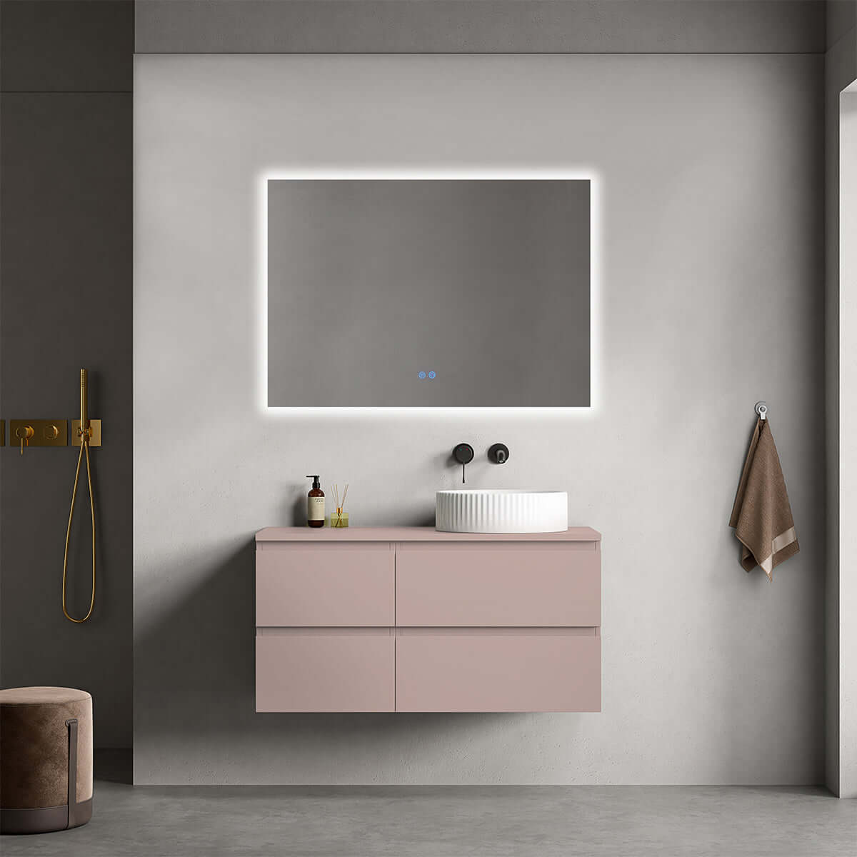 Mobile bagno sospeso reversibile 100 cm Rosa Retrò per Lavabo d'appoggio Specchio Quadro Retroilluminato - Fiji Paint