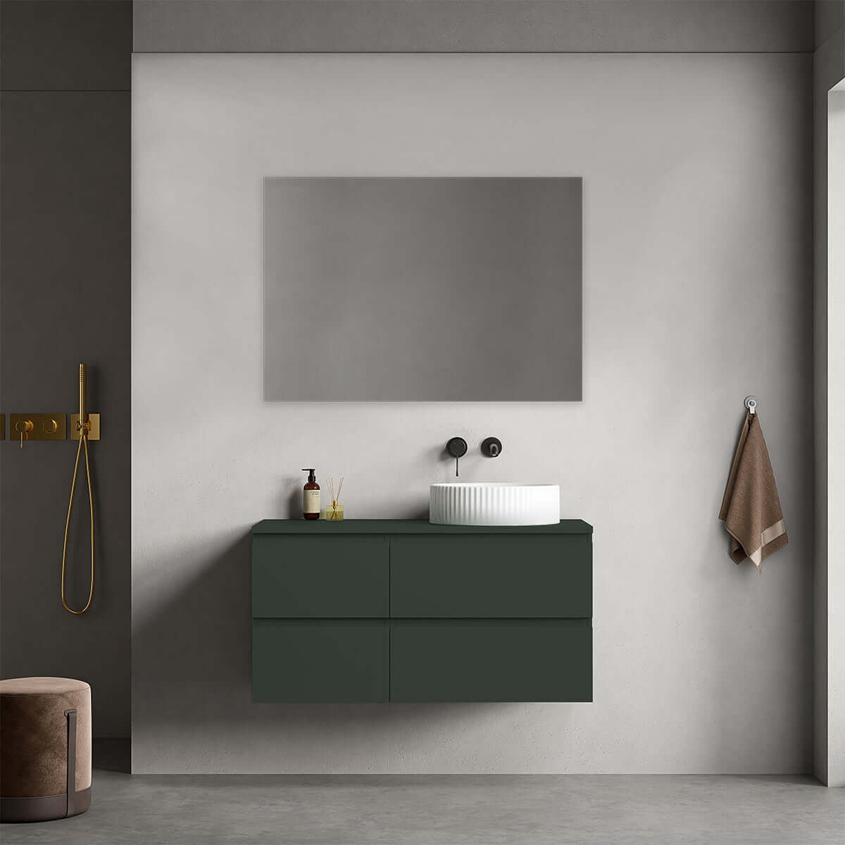 Mobile bagno sospeso reversibile 100 cm Verde Comodoro per Lavabo d'appoggio Specchio Quadro - Fiji Paint
