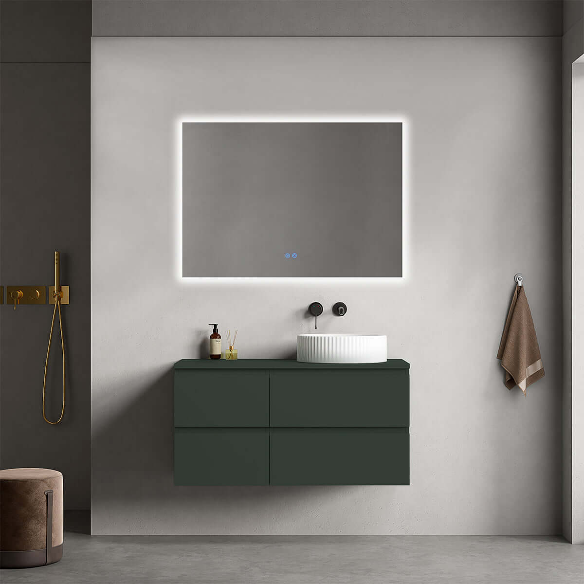 Mobile bagno sospeso reversibile 100 cm Verde Comodoro per Lavabo d'appoggio Specchio Quadro Retroilluminato - Fiji Paint