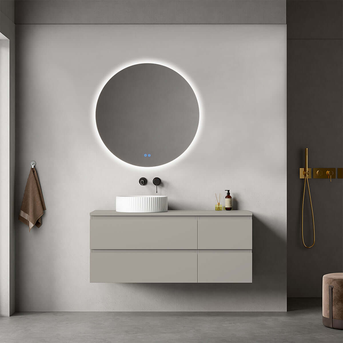 Mobile bagno sospeso reversibile 120 cm Grigio Cenere per Lavabo d'appoggio Specchio Tondo Retroilluminato - Fiji Paint