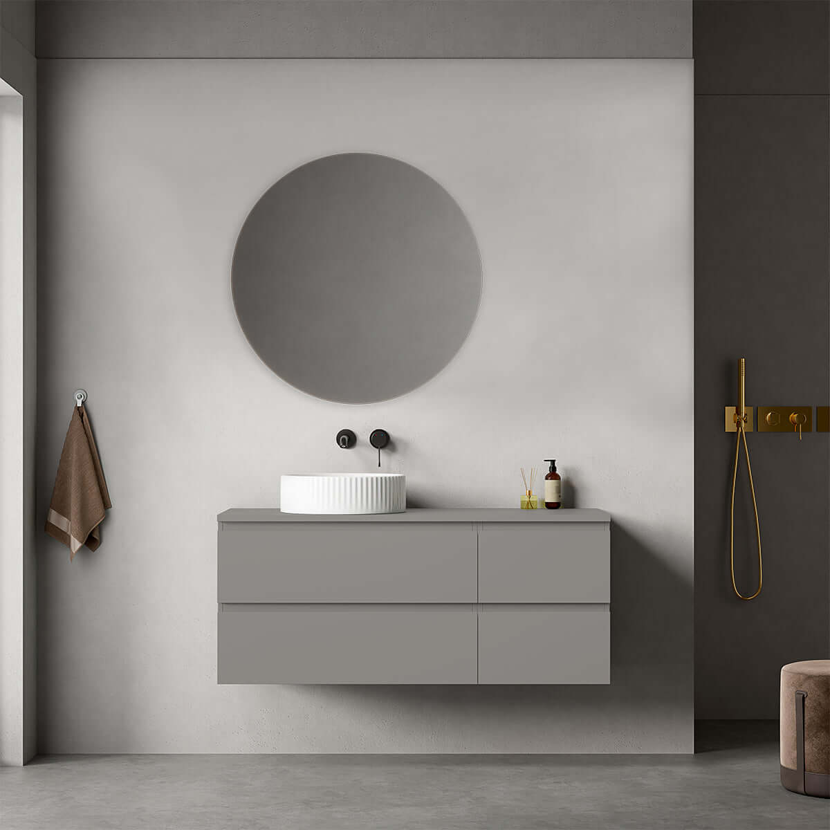 Mobile bagno sospeso reversibile 120 cm Grigio Londra per Lavabo d'appoggio Specchio Tondo - Fiji Paint
