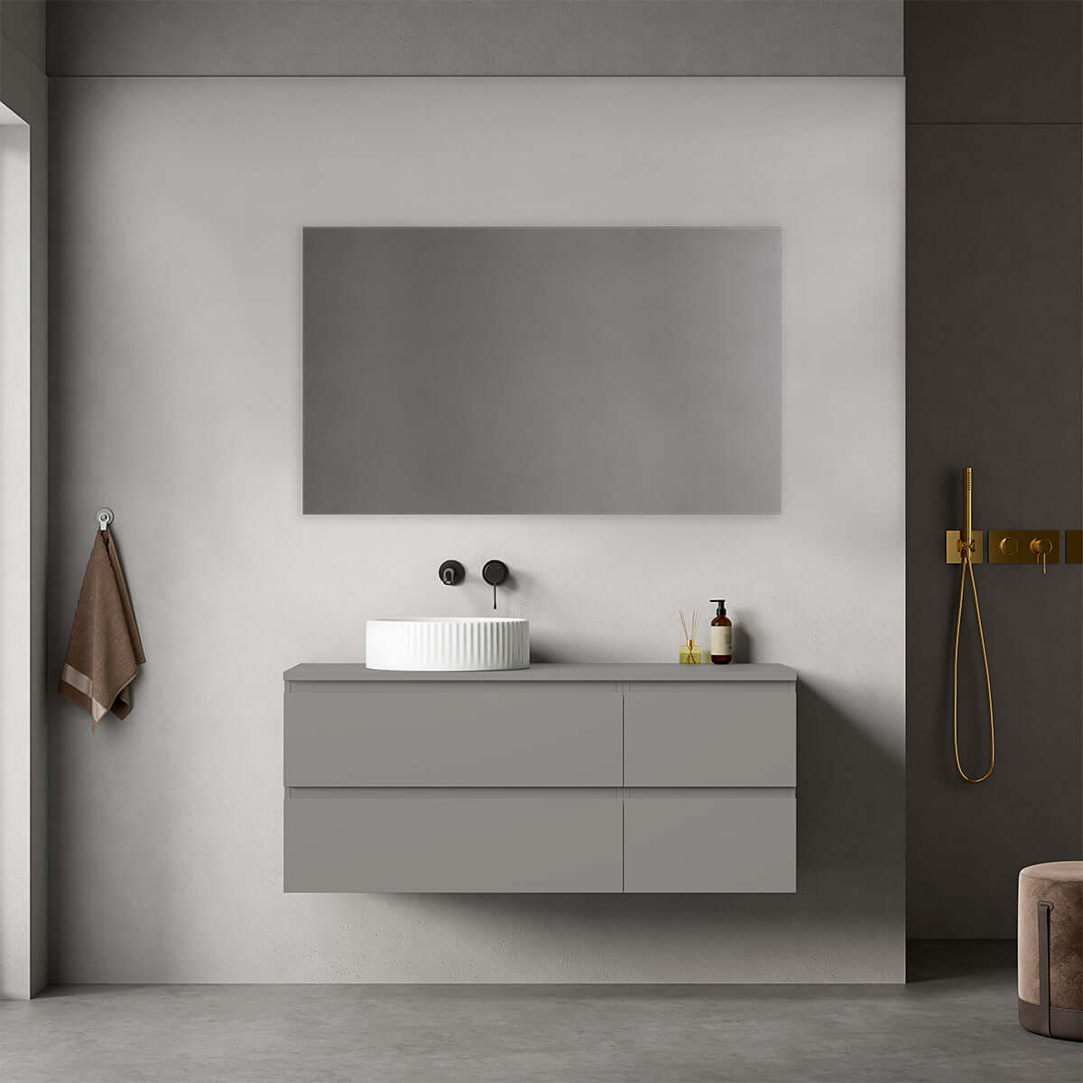 Mobile bagno sospeso reversibile 120 cm Grigio Londra per Lavabo d'appoggio Specchio Quadro - Fiji Paint