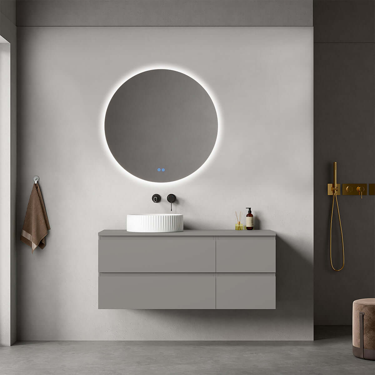 Mobile bagno sospeso reversibile 120 cm Grigio Londra per Lavabo d'appoggio Specchio Tondo Retroilluminato - Fiji Paint