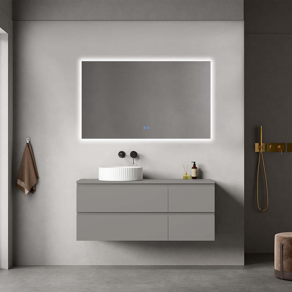 Mobile bagno sospeso reversibile 120 cm Grigio Londra per Lavabo d'appoggio Specchio Quadro Retroilluminato - Fiji Paint
