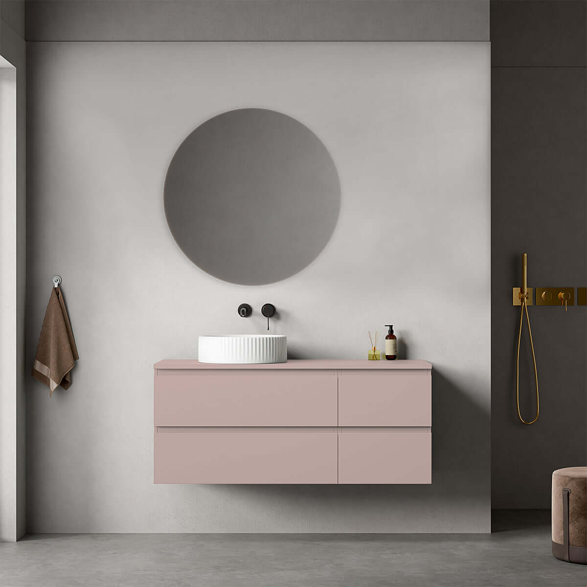 Mobile bagno sospeso reversibile 120 cm Rosa Retrò per Lavabo d'appoggio Specchio Tondo - Fiji Paint
