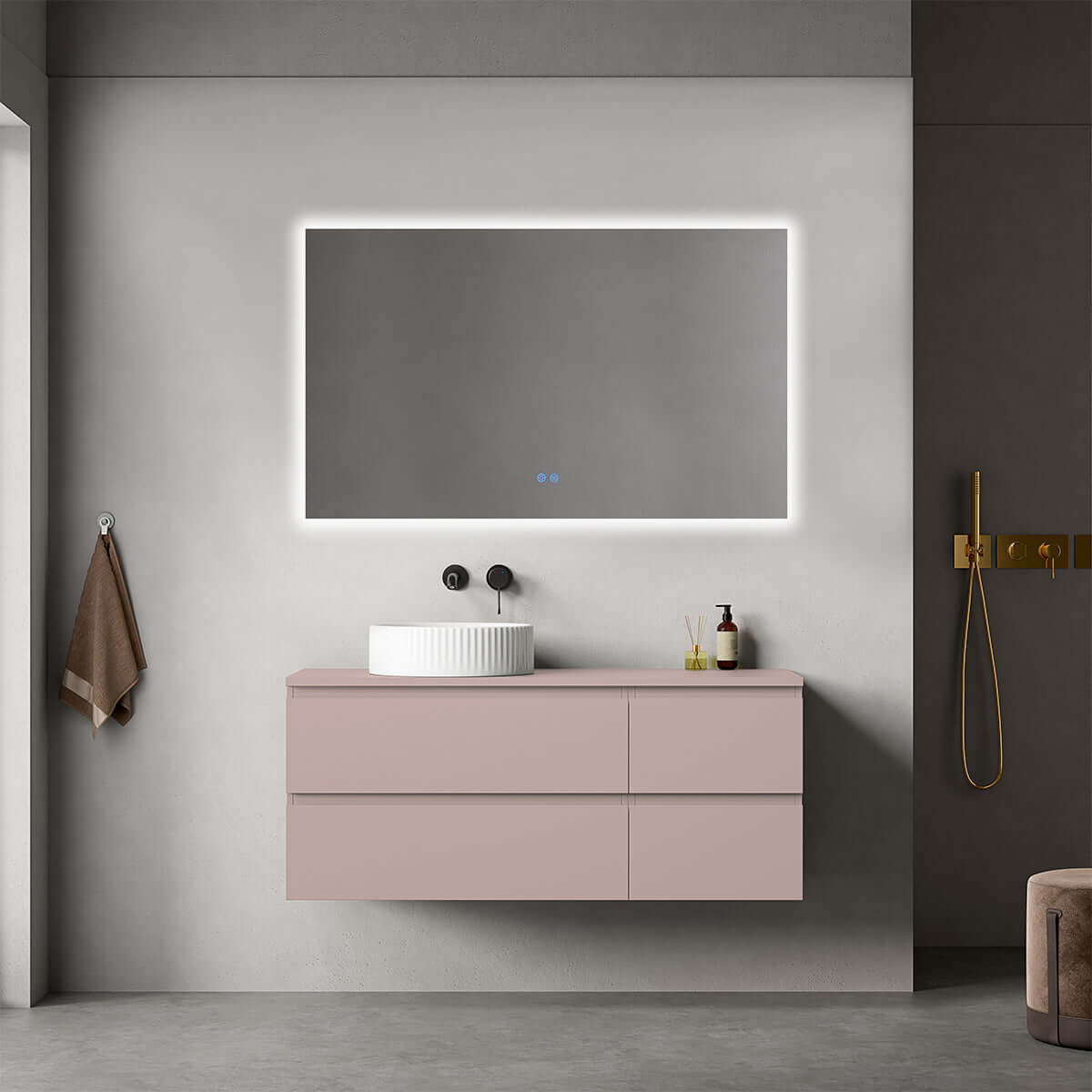 Mobile bagno sospeso reversibile 120 cm Rosa Retrò per Lavabo d'appoggio Specchio Quadro Retroilluminato - Fiji Paint