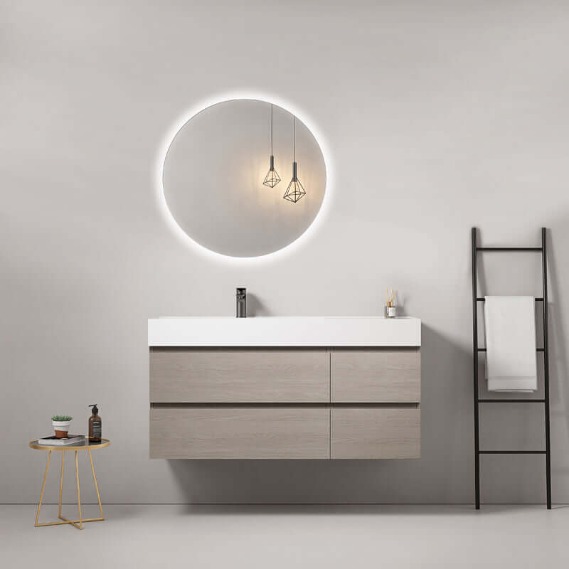Mobile bagno sospeso 120 cm Beige Lavabo a Sinistra in Resina Specchio Tondo Retroilluminato - Fiji Wood