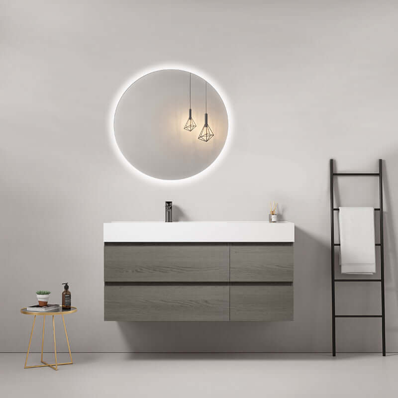 Mobile bagno sospeso 120 cm Grey Lavabo a Sinistra in Resina Specchio Tondo Retroilluminato - Fiji Wood