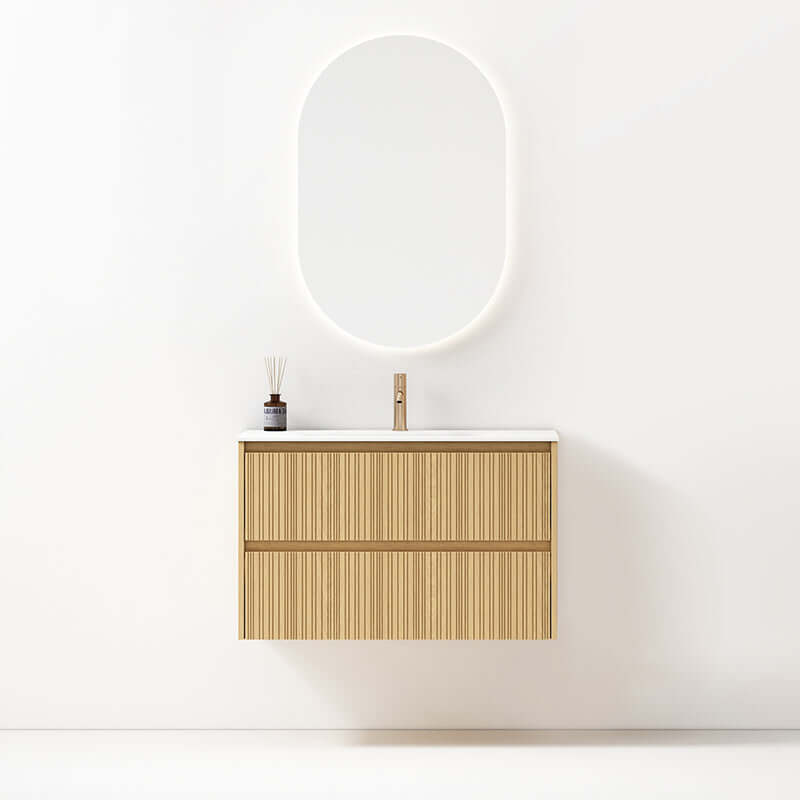 Mobile Bagno Sospeso 90 cm Rovere Chiaro Specchio Ovale Retroilluminato - Pace Plus