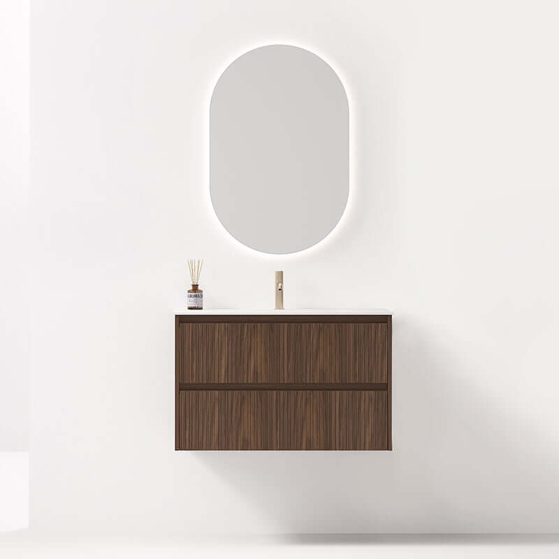 Mobile Bagno Sospeso 90 cm Rovere Scuro Specchio Ovale Retroilluminato - Pace Plus