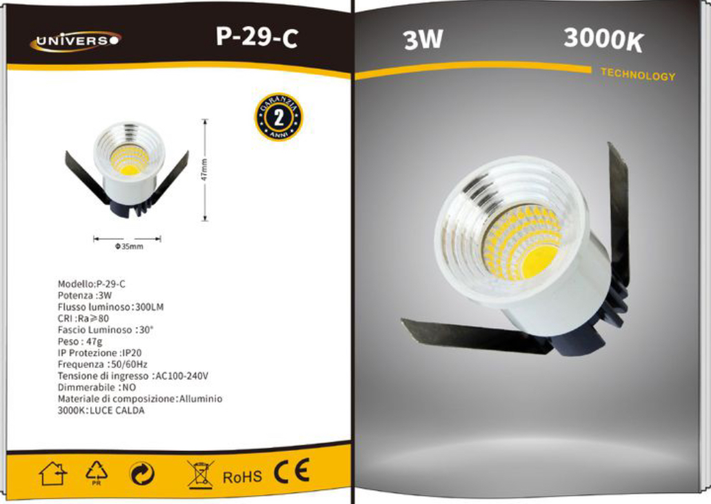 MINI FARETTO LED DA INCASSO PUNTO LUCE 3W 300 LUMEN LUCE CALDA 3000K