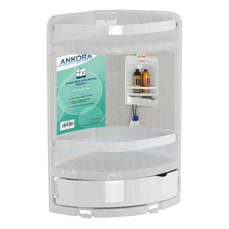Angoliera per doccia bianca con 2 ripiani ganci inferiori e cassetto