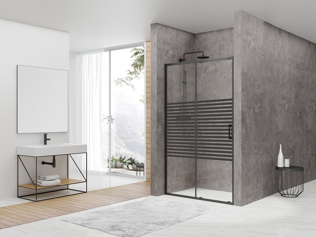 Porta Doccia Scorrevole Arek cm 120xH190 Est 116,8/119,8 Cristallo 6mm Trasparente Serigrafato Nero Opaco-70052