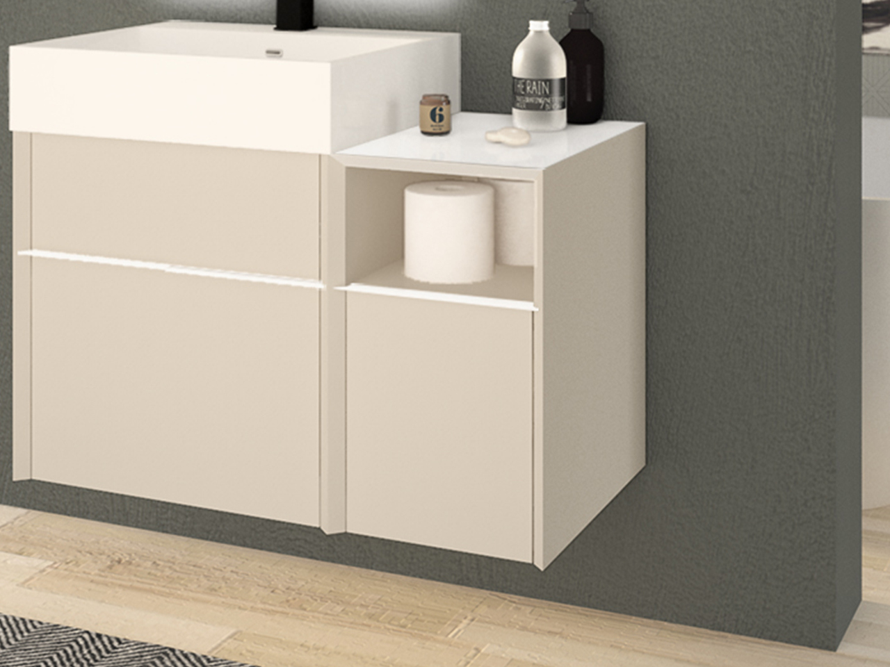 Base Laterale Singola Tribeca 1 Cassetto cm 30 con Vano a Giorno H15 Spatolato Bianco-24095