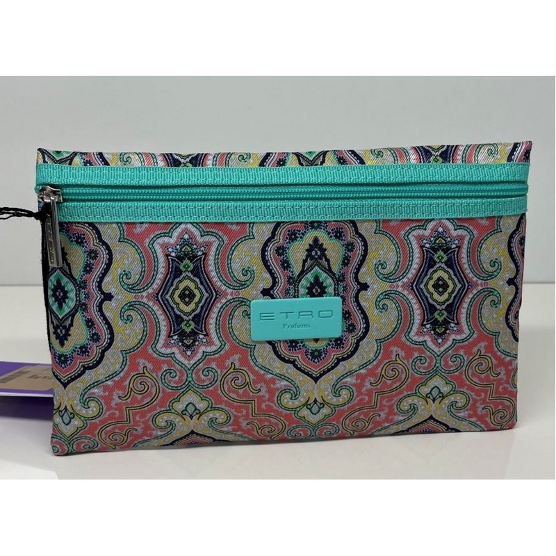 BUSTINA CON CERNIERA FRONTALE ROSA RIFINITURE VERDE ACQUA 20X13 CM. ETRO PROFUMI