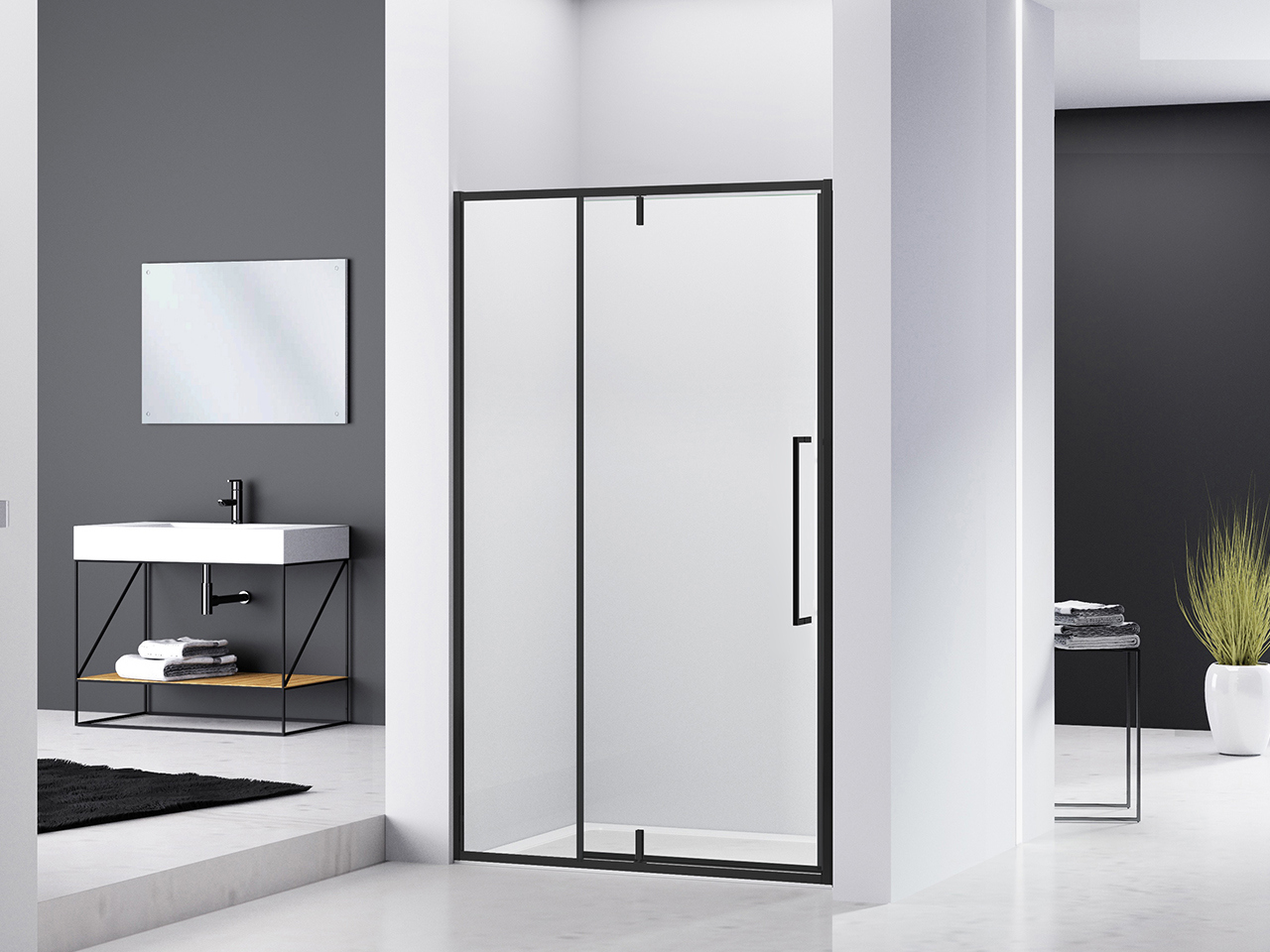 Porta Doccia a battente Feng Shui cm 120xH200 Est 117,5/119,5 Cristallo 6mm Trasparente Nero opaco-21991