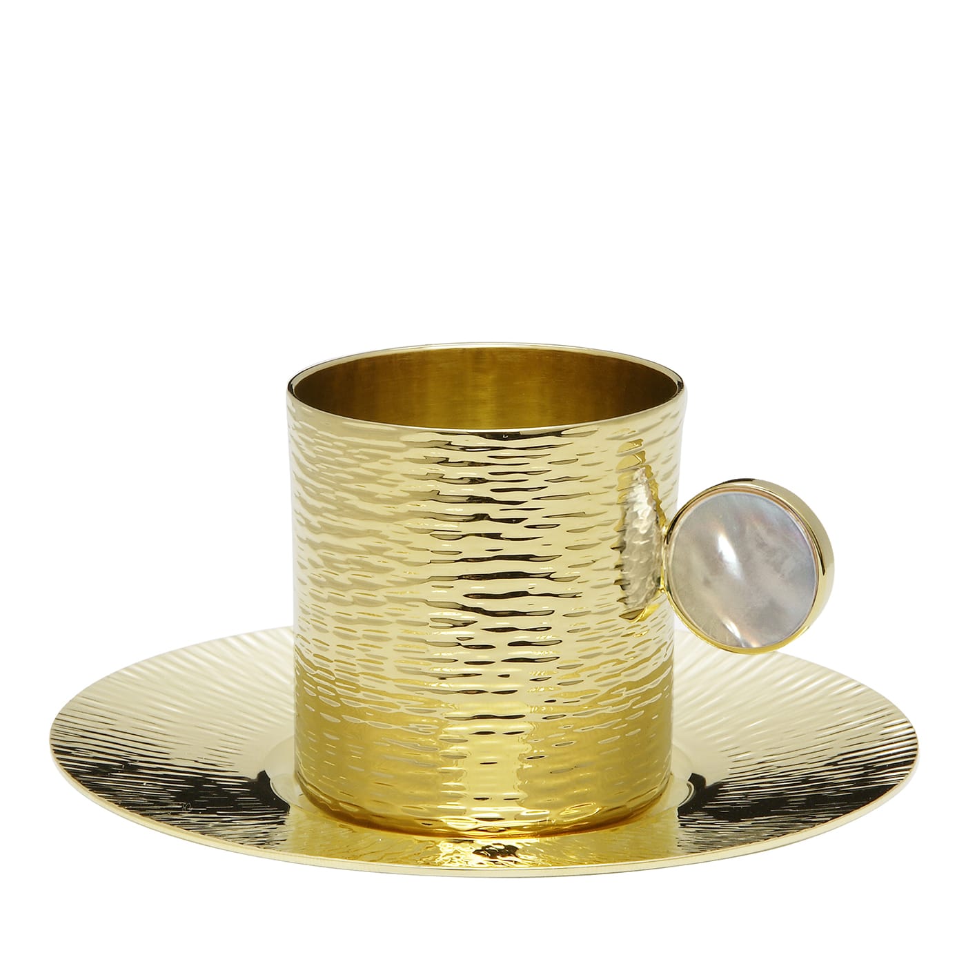 Tazza Demitasse placcata oro con piattino e bastoncino per mescolare