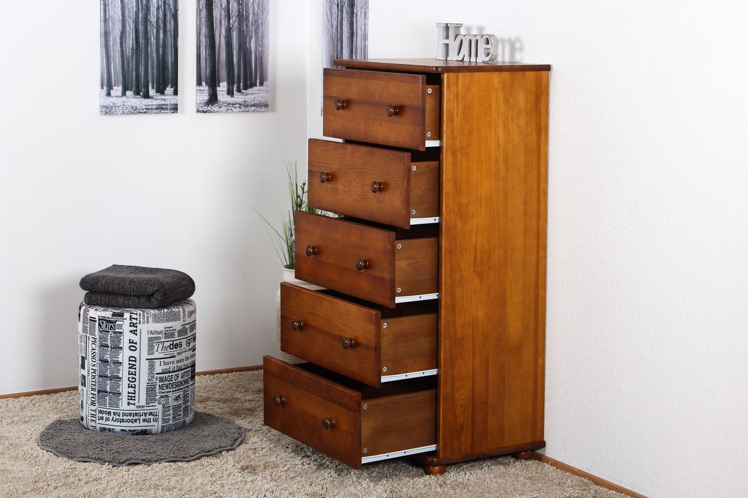 Cassettiera "Junco" 141, pino massiccio, color rovere rustico - 123 x 60 x 42 cm (h x l x p)