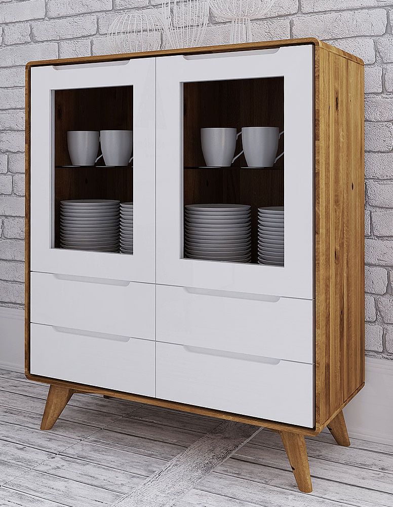 Vetrinetta "Timaru" 05, rovere massello selvatico, oliato / bianco - 109 x 90 x 40 cm (h x l x p)