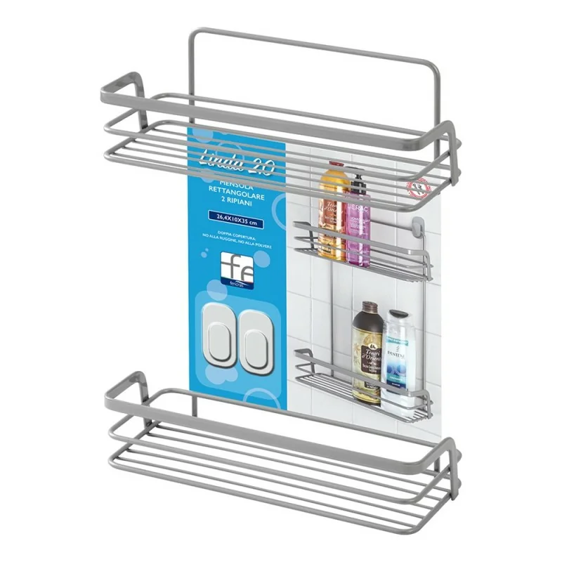 Mensola doccia in acciaio grigio con due ripiani portaoggetti